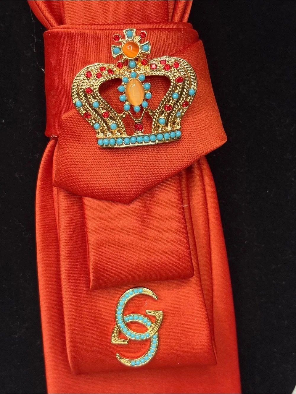 Orange Satin Necklace Tie  with Crown Brooch